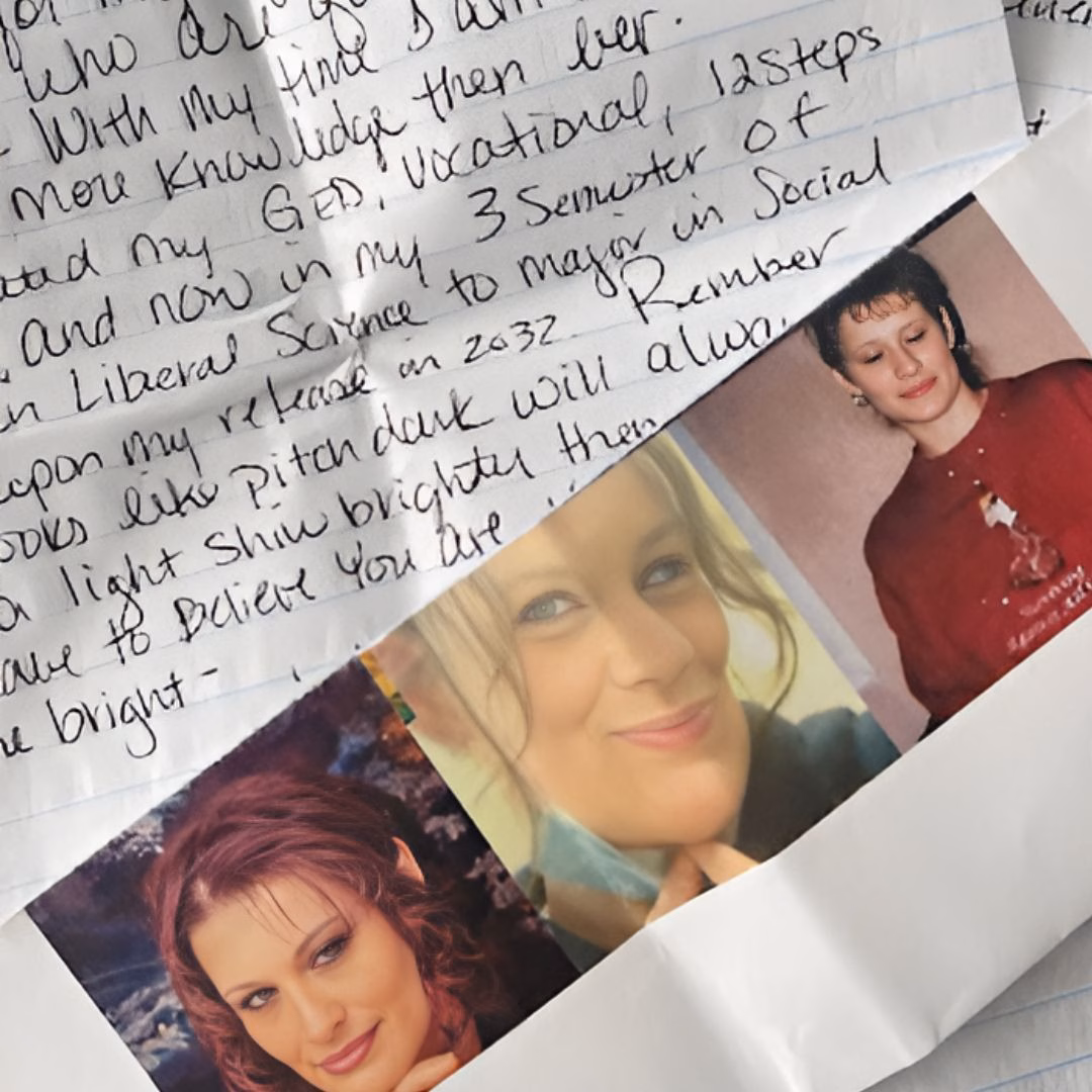 A handwritten letter on lined paper featuring three photographs of a woman named Angel. The letter mentions her major in Social Liberal Science and a release in 2032.