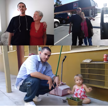 A collage of three photos featuring Casey and his family: an indoor portrait with an older woman, a couple standing in a JCPenney parking lot, and Casey crouching with a toddler on a porch.