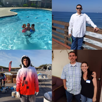 A four-panel photo collage of Casey, featuring him with children in a pool, standing on a pier, wearing a hoodie at an event, and posing with a woman.