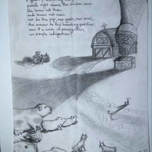 A pencil drawing of a farm scene featuring a tractor, a barn with a large boot-shaped chimney, and various farm animals including pigs, goats, and a chicken, all looking up at the boot.