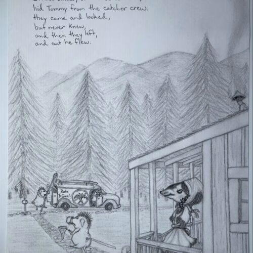 A pencil drawing of Elvira Shrew, a shrew in a bonnet on a cabin porch, watching two other shrews near a van in a forest.