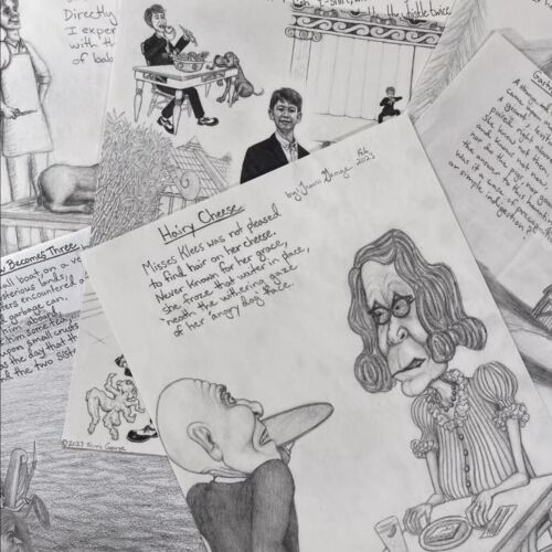 A collection of pencil sketches by Travis George, including a caricature of an elderly woman and a man with a large nose, accompanied by handwritten text.