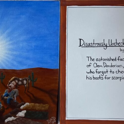 A painting of a man in a desert with horses, looking shocked, under a bright sun.