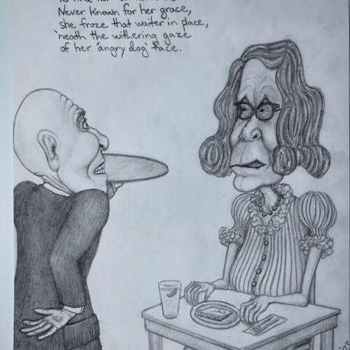 A pencil caricature of a bald waiter holding a plate before an angry, elderly woman with glasses. Handwritten text above reads 'Hairy Cheese' and describes her displeasure.