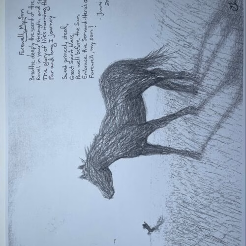 A pencil sketch of a horse in a field, accompanied by handwritten poems and the signature 'George 32'.