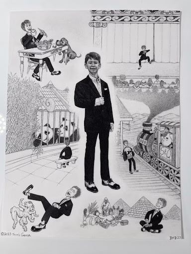 A black and white collage by Travis featuring a central man in a suit surrounded by various scenes including a man eating with a dog, a train, a person on a stage, and a man laughing with a dog.