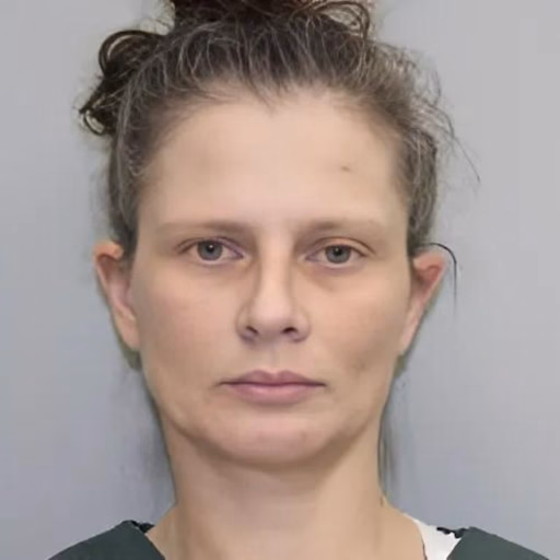Mugshot of Billie Jo, 45, a woman with her hair in a bun against a plain background.