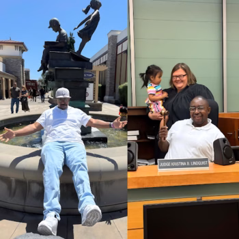 A split-screen image showing Floyd11 relaxing in a fountain and Judge Christina B. Lindquist with a child in a courtroom.