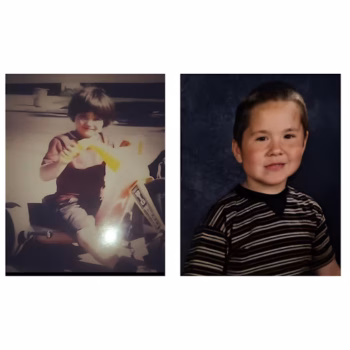 Kris1: A side-by-side comparison of a young boy, Kris, as a toddler playing with a toy airplane and as a young child in a striped shirt.