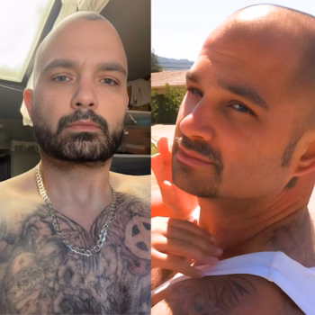 A split-screen portrait of Kris, a bald man with a beard and extensive chest tattoos, shown in two different settings.