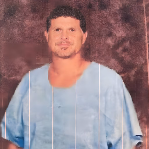 Portrait of Michael, a man with short dark hair and a goatee, wearing a light blue shirt against a textured brown background.