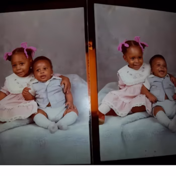 Victor4, a young child, is pictured in two side-by-side photos with a younger sibling. In both images, the child wears a pink dress with a white bib and pink bows in their hair, while the sibling is dressed in a light blue outfit.