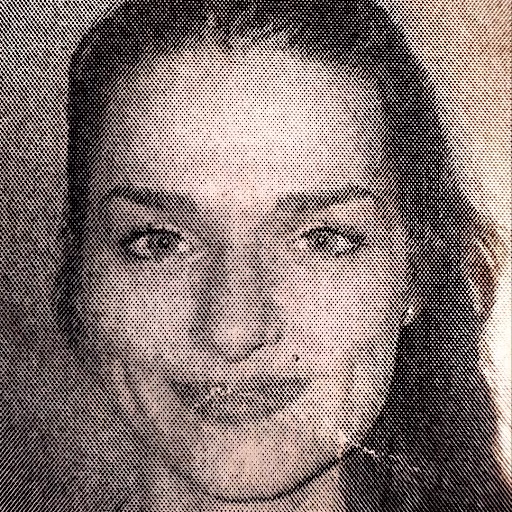 A halftone portrait of Heather, 31, showing her face and dark hair.