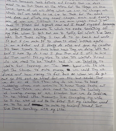 Handwritten letter on lined paper detailing personal struggles with addiction, family, and faith.