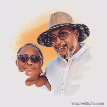 A digital portrait of Keith, 57, wearing a hat and sunglasses, alongside a woman in sunglasses against a warm, abstract background.