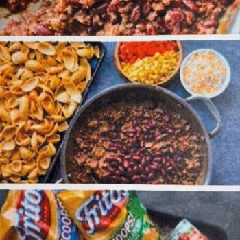 A three-panel image showing a meat and bean mixture, a pot of the same mixture with a tray of Fritos Scoops and bowls of corn and cheese, and a collection of ingredients including Fritos Scoops, canned tomatoes, and cheese.