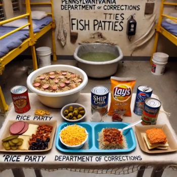 A table laden with prison-style food items including rice with sausage, chips, canned goods, and a tray of rice with chili, set against a backdrop of a Pennsylvania Department of Corrections cell.