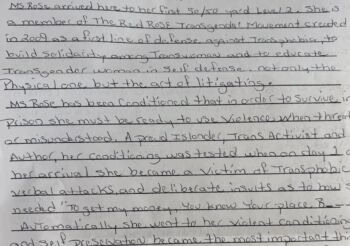 Handwritten text on lined paper detailing the story of Taina, a transgender activist and author, discussing her experiences with transphobia and self-defense.