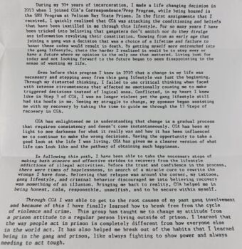 A document detailing a personal narrative about overcoming gang involvement and addiction through the California Corrections Association's program.