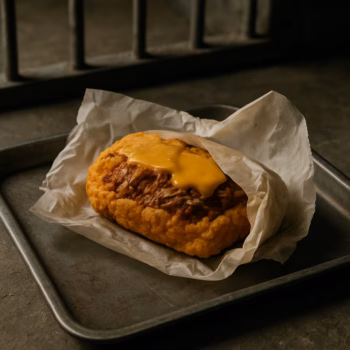 A golden-brown, textured pastry topped with a generous amount of melted yellow cheese, resting on a piece of white parchment paper on a metal tray.