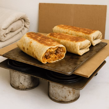 Three golden-brown wraps, one cut open to reveal a filling of rice and meat, are arranged on a dark metal tray.