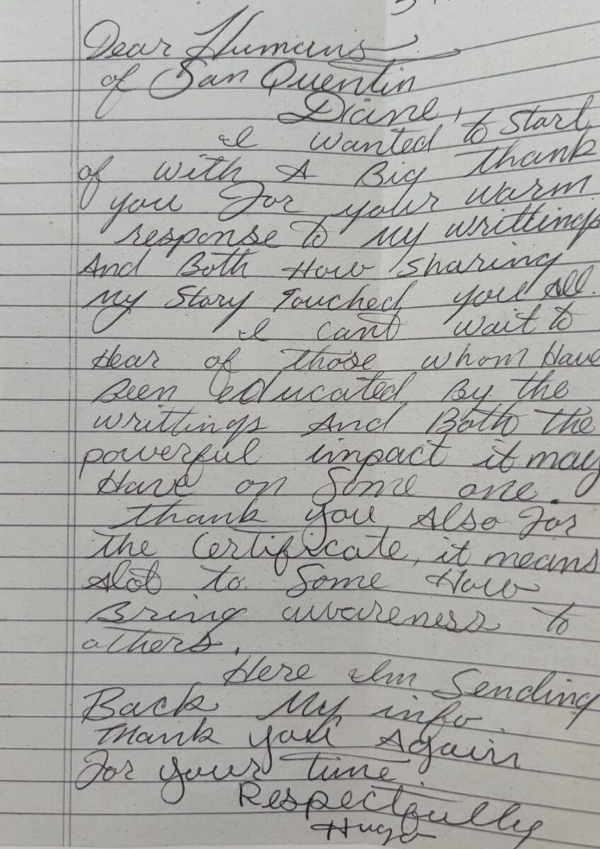 Handwritten letter on lined paper from Hugo to the Humans of San Quentin, expressing gratitude for a warm response and a certificate.