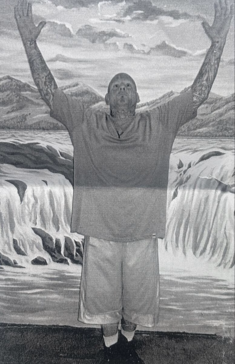 A man with tattoos on his arms and neck stands with his arms raised in front of a waterfall mural.