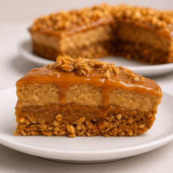 A slice of layered caramel and oat crumble cake on a white plate, with a larger cake in the background.