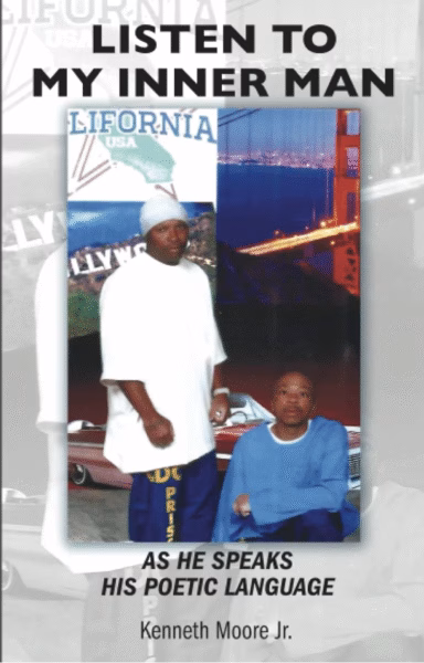 A book cover for 'Listen to My Inner Man' by Kenneth Moore Jr., featuring two men in front of a collage of California landmarks including the Golden Gate Bridge and Hollywood.