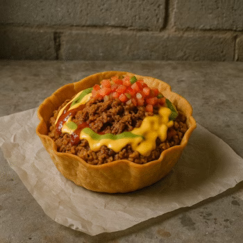 A crispy taco shell bowl filled with seasoned ground beef, topped with yellow cheese sauce, red ketchup, and a fresh pico de gallo of diced tomatoes and green onions.