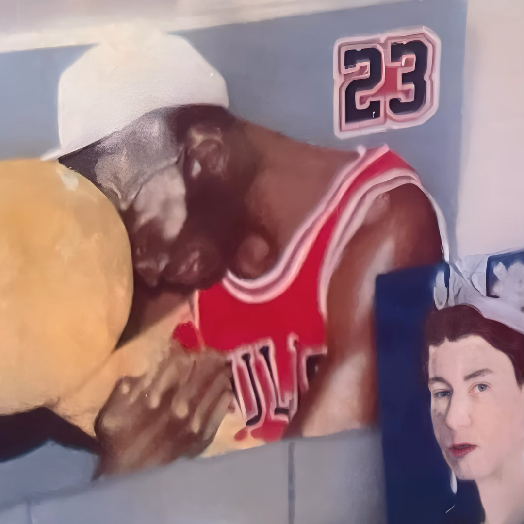 A painting of basketball player Darryl in a red jersey with the number 23, leaning his head on a yellow sphere.