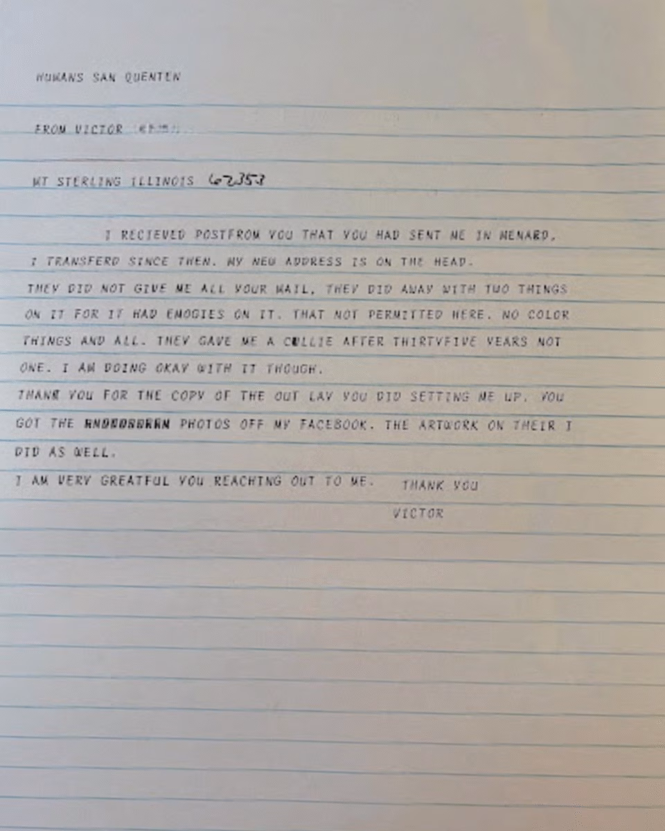 A handwritten letter on blue-lined paper from Victor, thanking a recipient for a copy of photos and expressing gratitude for reaching out.