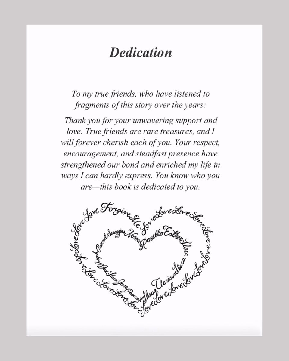 A dedication page for 'Caged Cowboy' featuring a heartfelt message to friends, followed by a heart-shaped arrangement of names and the word 'Love' in cursive script.