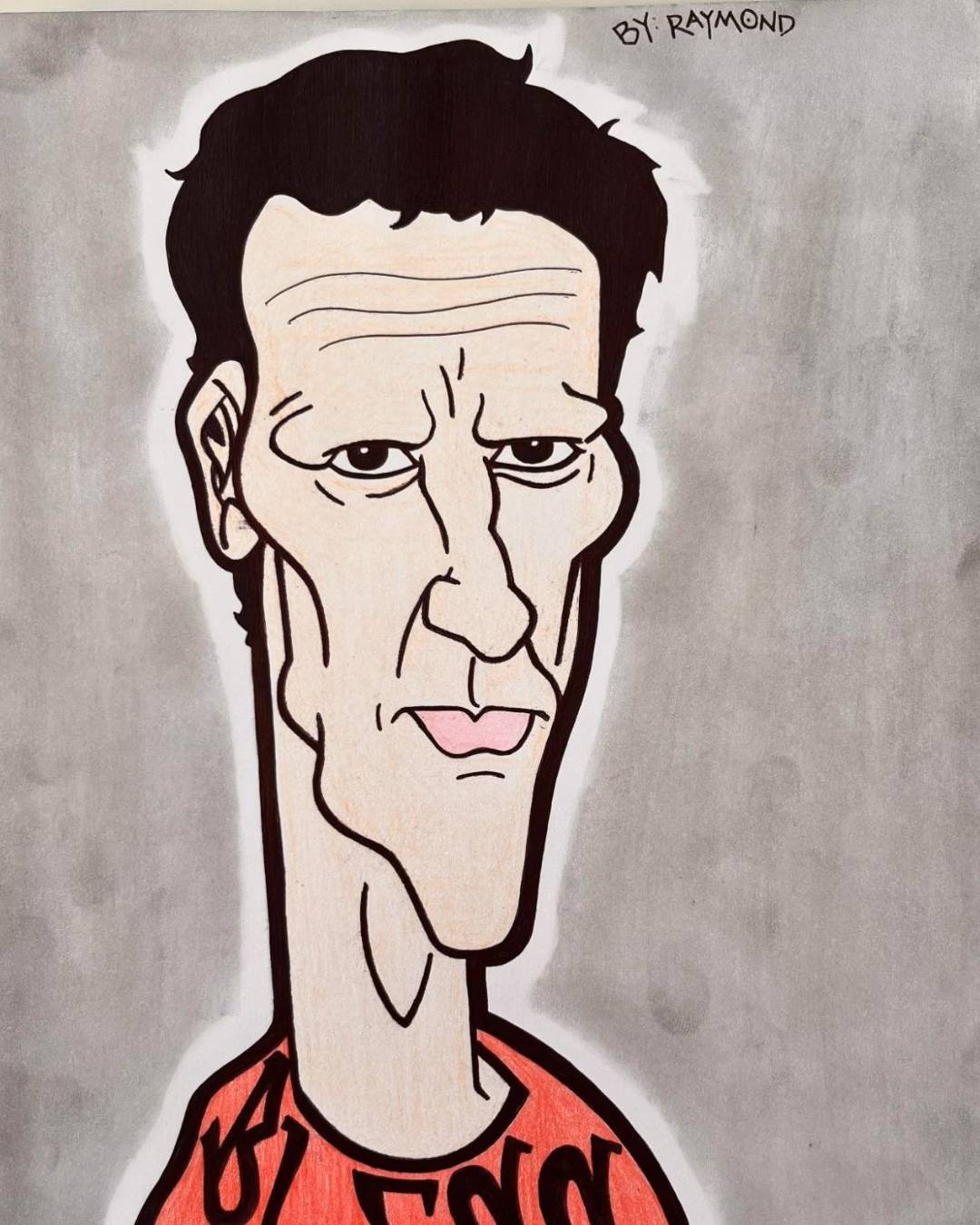 A caricature of Raymond, a man with a long neck and a red shirt, signed by Raymond.