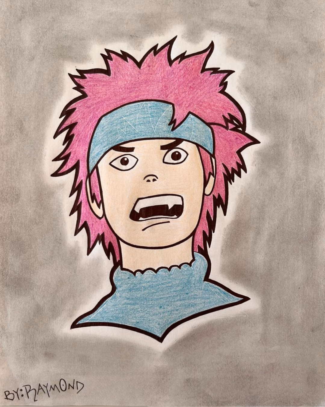 A hand-drawn portrait of a character with spiky pink hair, a blue headband, and a blue turtleneck, depicted with an angry expression. The artist's signature, "BY: RAYMOND," is in the bottom left corner.