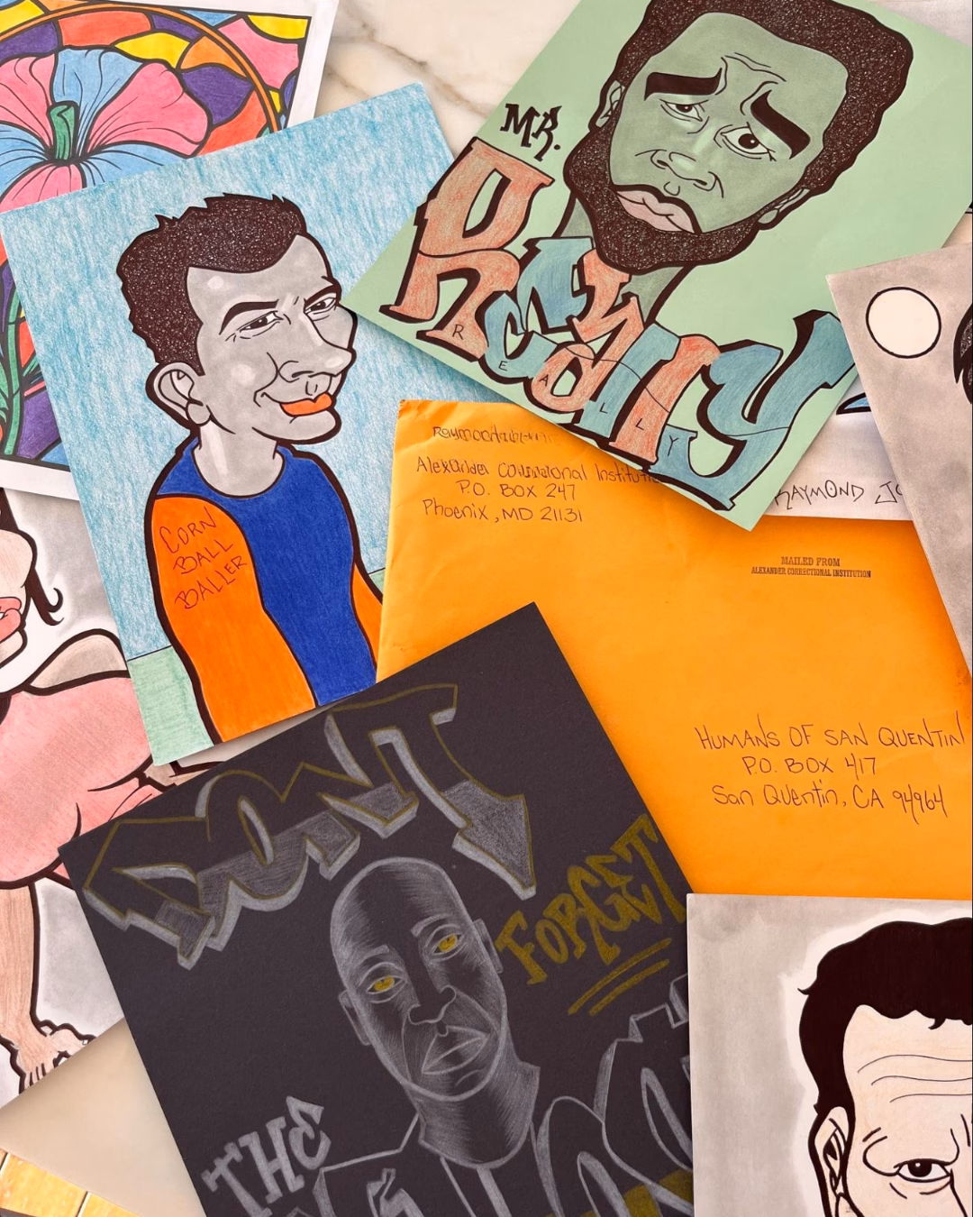A collection of colorful caricatures and letters featuring Raymond, including one labeled 'Corn Ball Goalie' and another with 'Mr. Reality' text.