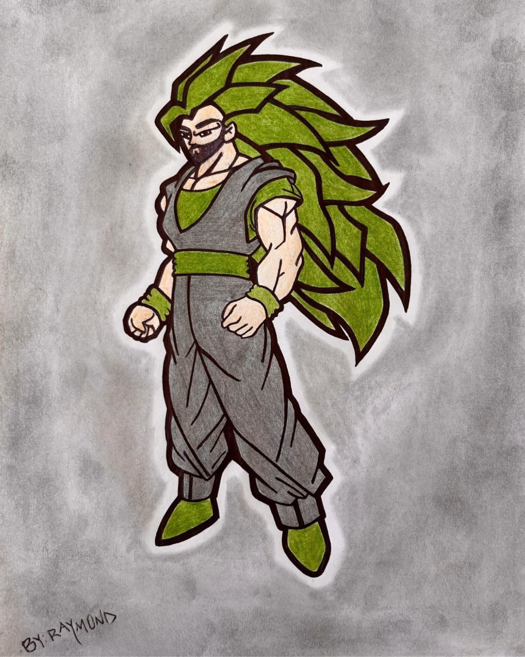 A colored drawing of a muscular character with long green hair, a beard, and glasses, wearing a grey and green outfit, signed by Raymond.