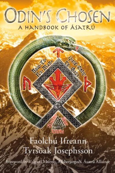 Book cover for 'Odin's Chosen' featuring a green serpent coiled around a red and silver Celtic-style symbol with Norse runes, set against a golden mountain landscape.