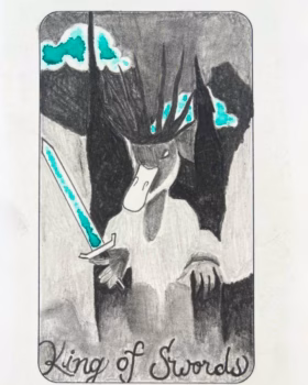 A pencil drawing of the King of Swords tarot card, featuring a crowned figure holding a glowing teal sword against a mountainous backdrop.