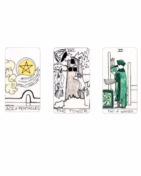 Three hand-drawn tarot cards: the Ace of Pentacles with a star in a circle, The Tower showing a collapsing structure, and the Two of Wands with a figure in green.