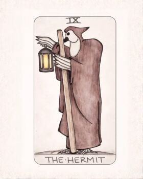 A tarot card illustration of The Hermit, marked with the Roman numeral IX, showing a robed figure with a bird's head holding a lantern and a staff.