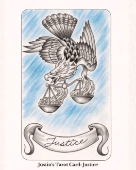A black and white illustration of an eagle holding scales of justice, with a blue background and a banner at the bottom that reads 'Justice'.