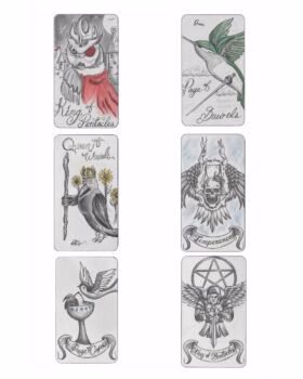 Six illustrated tarot cards: King of Pentacles, Page of Swords, Queen of Wands, Temperance, Page of Cups, and Ace of Pentacles.