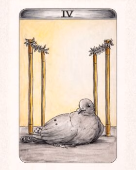 A drawing of a dove resting on the ground in front of four bamboo poles decorated with leaves, under a yellow glow. The Roman numeral IV is at the top.