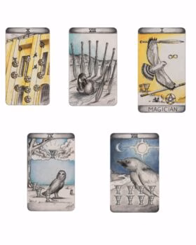Five tarot cards from the Major Arcana: Ten of Pentacles, Eight of Wands, The Magician, Four of Cups, and Eight of Cups.