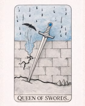 A sword with a blue gem is embedded in a stone wall, causing a crack and releasing a bird from a cloud of smoke under a rainy sky.
