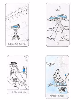 Four illustrated tarot cards: King of Cups with a barbed wire fence, III with crossed swords and a moon, The Devil with a horned bird, and The Fool with a bird on a branch.