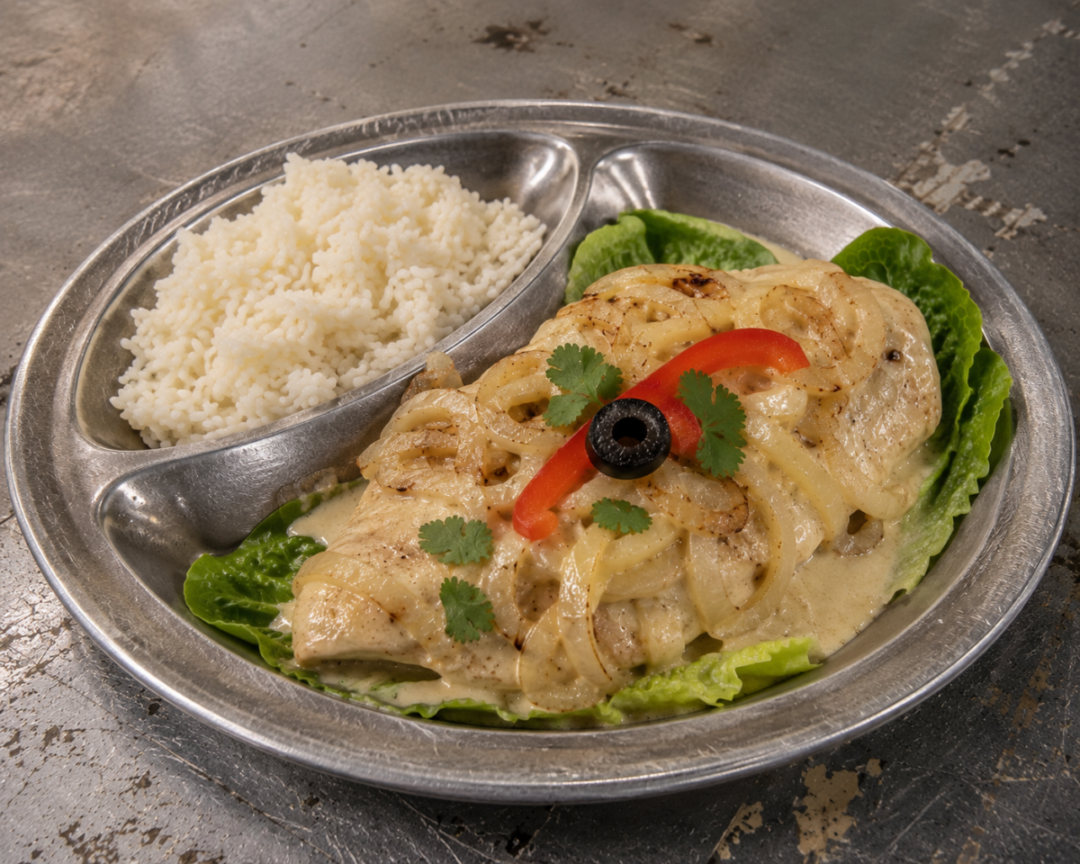 Idalio's Pollo Encremado (Creamy Chicken) recipe with white rice, creamy sautéed onions, romaine lettuce, cilantro, red bell pepper, and olive at San Quentin Rehabilitation Center.