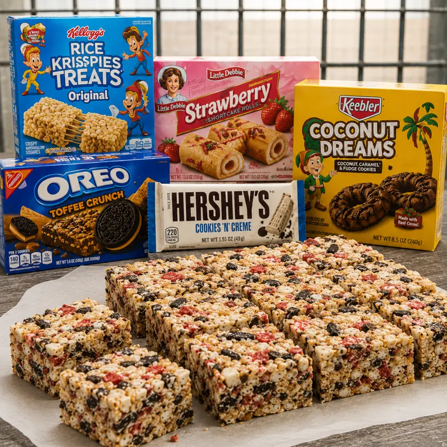 Homemade Finger Lickin' Alé My God! Good Bars, a no-bake dessert recipe made with Rice Krispies Treats, Oreo Toffee Crunch cookies, Keebler Coconut Dreams, strawberry cookies, and Hershey's Cookies 'n' Creme bars, inspired by Jasper's creative prison recipe from Valley State Prison.