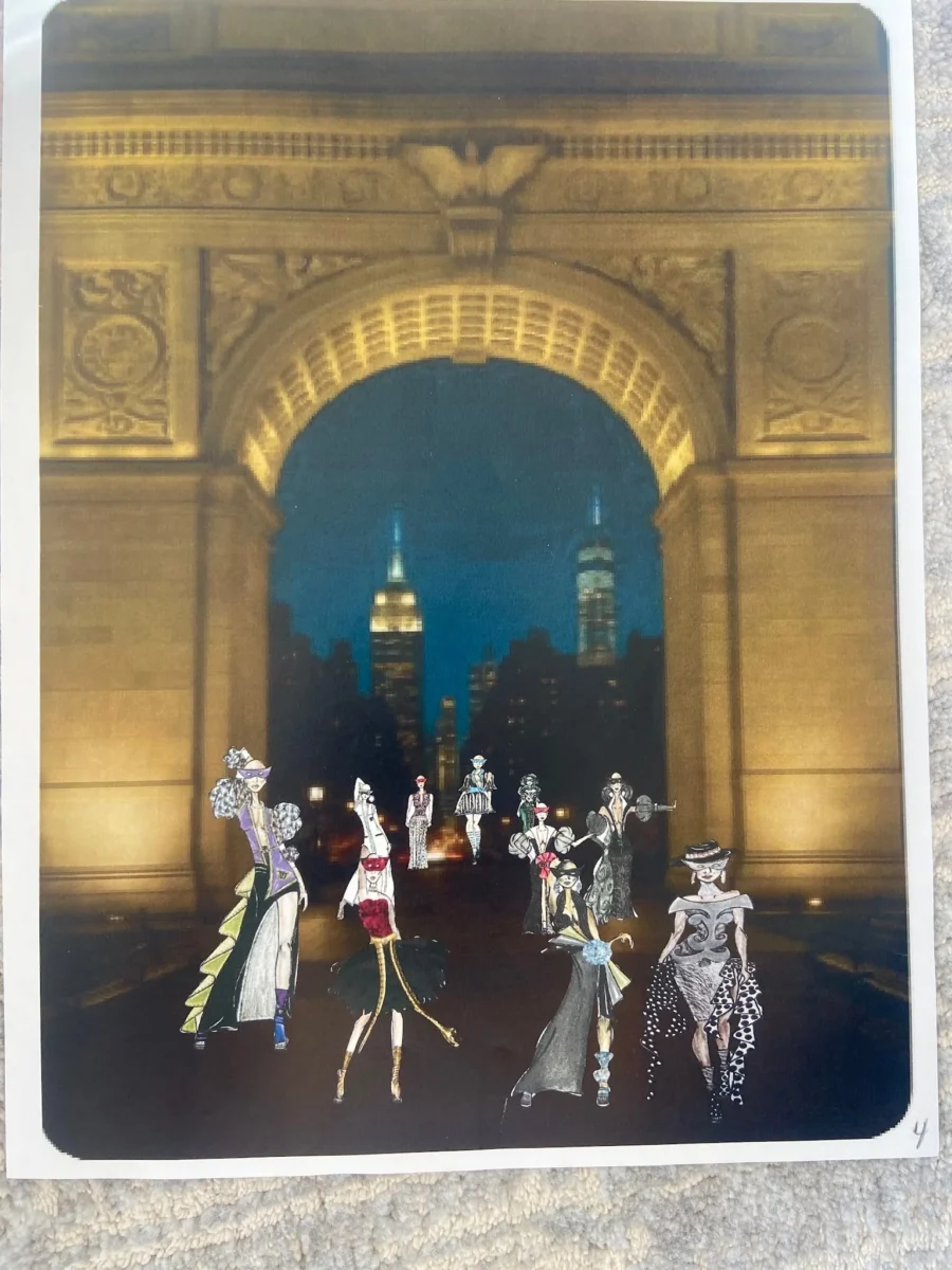 A mixed-media illustration featuring several stylized fashion models in avant-garde clothing and masks, positioned in front of a stone archway that frames a nighttime view of the New York City skyline with the Empire State Building
